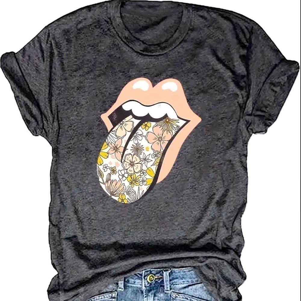 Vintage Floral Tee, Medium Rolling Stones, Gray